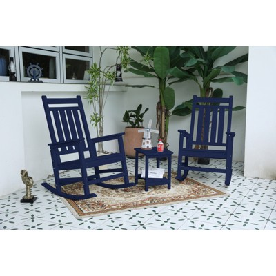 VisioGear 3 Pieces Rocking Chair Set, Outdoor Rocking Chair Set with Side Table for Backyard, Navy Blue, 35.15"*22.71"*41.25"