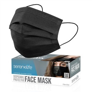 SereneLife 3-Ply Disposable Face Masks - SL3PLY50BK.3 - Black - 50 Count - Breathable Non-Woven Fabric - 1 of 4