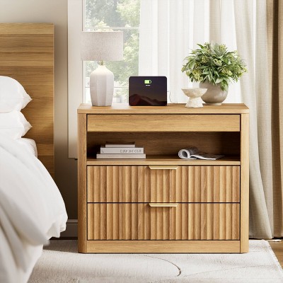 WOWLIVE Fluted Wood Nightstand with Charging Station, Modern Bedside Table with 2 Drawers & Pull-out Shelf for Living Room Bedroom