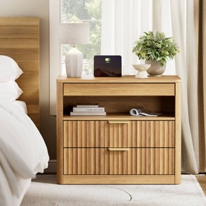 WOWLIVE Fluted Wood Nightstand with Charging Station, Modern Bedside Table with 2 Drawers & Pull-out Shelf for Living Room Bedroom - 1 of 4