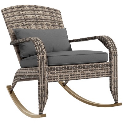 Outsunny Outdoor Wicker Adirondack Rocking Chair, Patio Rattan Rocker Chair with High Back, Seat Cushion and Pillow for Porch, Balcony