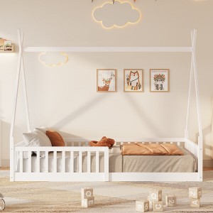 AENKYO Twin Size Wood House Bed, Playful Kids Bed with Safety Fence, Enchanted Cottage Style Bedroom Furniture - 1 of 4