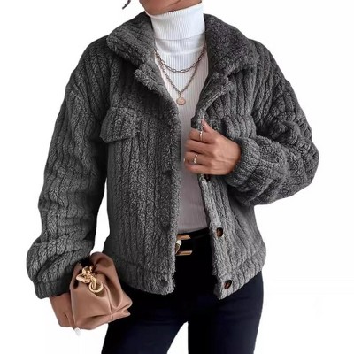Coolmee Women's Winter Fleece Heating Jacket Button Down Stand Collar with Pockets Coats