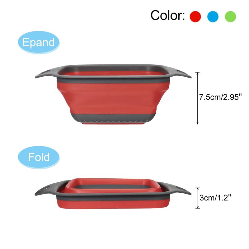 Unique Bargains Collapsible Colander Set Silicone Square Foldable Strainer Space Saving Blue Green Red 3 Pcs Small, 4 of 6