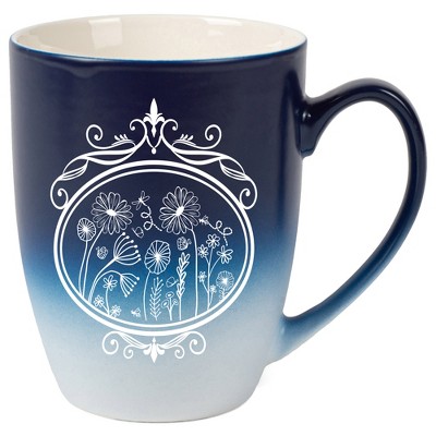 Elanze Designs Flowers in Circle Two Toned Ombre Matte Navy Blue and White 12 ounce Ceramic Stoneware Coffee Cup Mug