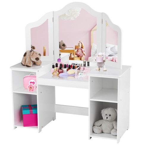 Kids Vanity Table Set with Tri-Folding Mirror and Large Drawer-White | Costway