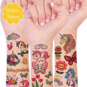 Wrapables Waterproof Glitter Temporary Tattoos, Birthday Party Favors and Supplies, Goodie Bag Fillers, 20 Sheets Butterflies and Unicorns - 1 of 4