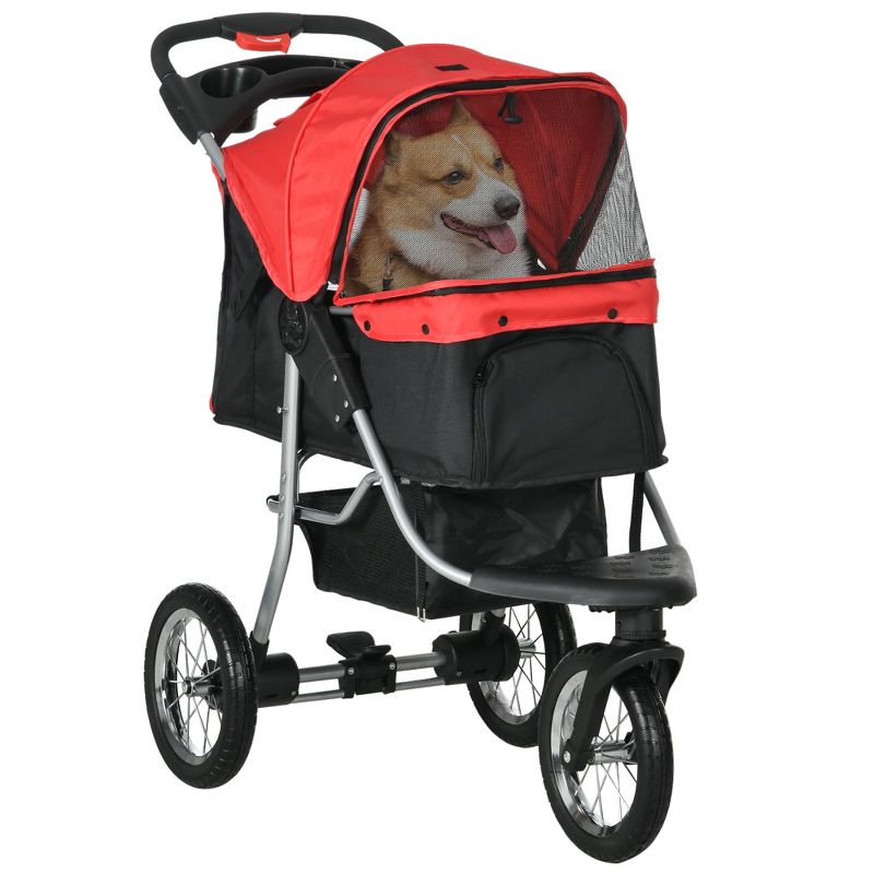 PawHut Luxury One-click Folding Pet Stroller Dog/Cat Travel Carriage with Wheels Adjustable Canopy Zippered Mesh Window Door Red and Black, 1 of 9