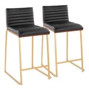26" Faux Leather Padded Contemporary Counter Stool with Fixed Height, Wood Back, and Metal Base for Kitchen Island or Home Bar, Set of 2 - 1 of 4
