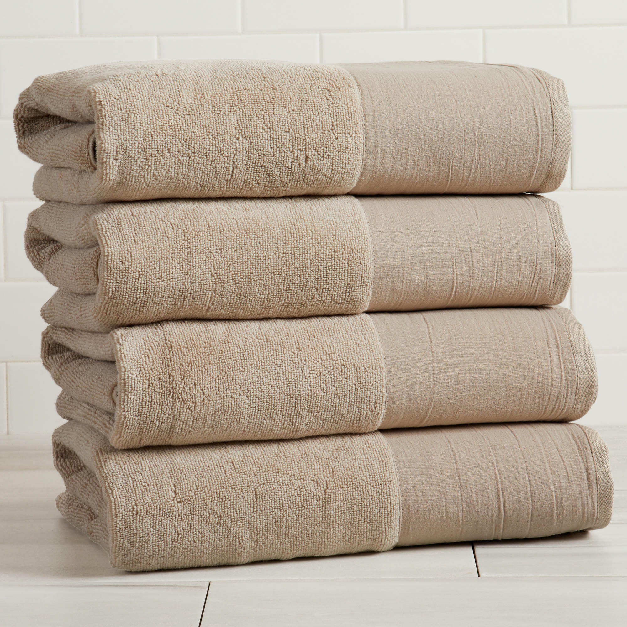 Ultra-Soft Cotton and Modern Linen-Like Border Bath Towels - Great Bay Home (4pk Bath Towels, Light Grey)