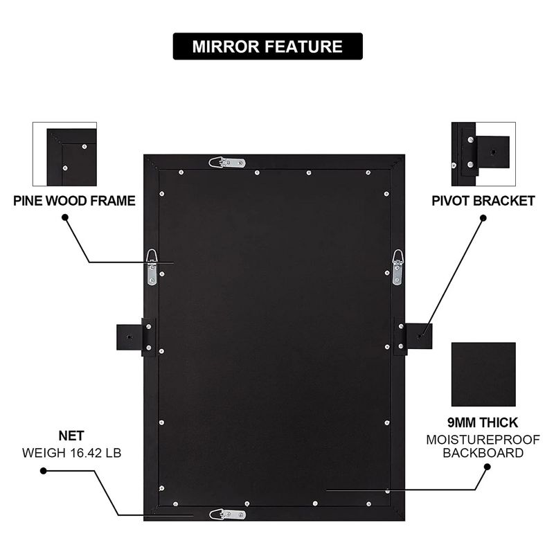 Moon Mirror 24 x 36 Inch Pivoted Rectangular Wall Mounted Vanity Mirror w/ New Zealand Pinewood Frame, No Distortion Glass, & Mounting Hardware, Black, 5 of 7
