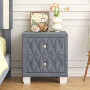 Elegant Velvet Nightstand with 2 Drawers and Crystal Handle, Storage Bedside Table with Button-Tufted - ModernLuxe - 1 of 4
