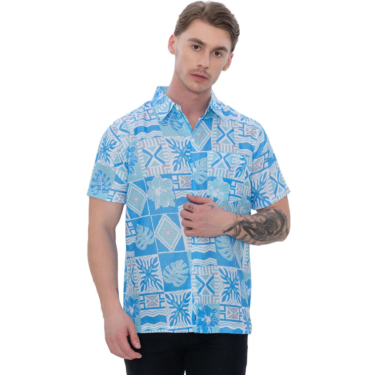 HAPPY BAY Mens Hawaiian Shirts Short Sleeve Button Down Shirt Mens Holiday Beach Shirts Casual Tropical Shirts for Men Funny XXL Abstract Leafs Blue
