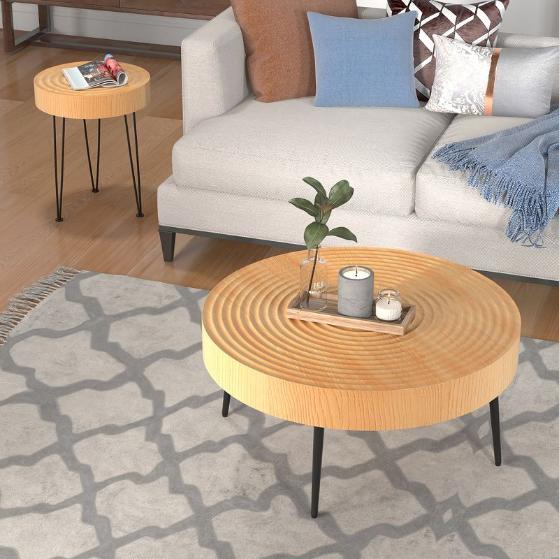 Costway Round Coffee Table Set of 2 End Table Natural Finish for Living Room, 4 of 10