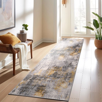 Yellow and Gray Abstract Synthetic Runner Rug 2' x 7'