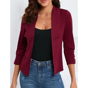 Women's 3/4 Sleeve Blazer Casual Open Front Cardigan Shrugs Ruched Sleeve Office Cropped Blazer Jacket - 1 of 4