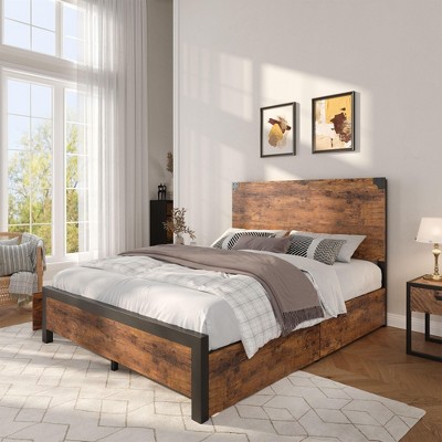 Full Size Bed Frame with 4 Storage Drawers Metal Support Frame Wooden Headboard, Vintage Brown