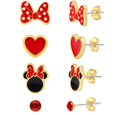 Disney Mickey and Minnie Mouse Classic Minnie Fashion Stud Earring - Classic Minnie, Red/Gold - 4 pairs