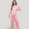 Anna-Kaci Lounge Women's Satin Button-Up Pajama Set with Short Sleeve Notch Collar Top and Wide Leg Pants in Ribbon Print - 2 of 4