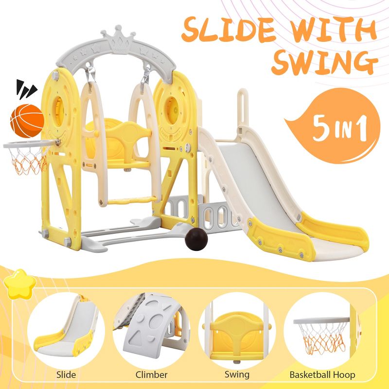 5-in-1 Kids Slide, Playground Freestanding Climber and Toddler Slide Swing Playset with Basketball Hoop - ModernLuxe, 2 of 13