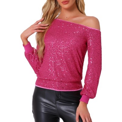 Allegra K Women's Sequin Party Sparkly Glitter Long Sleeve Off Shoulder Top