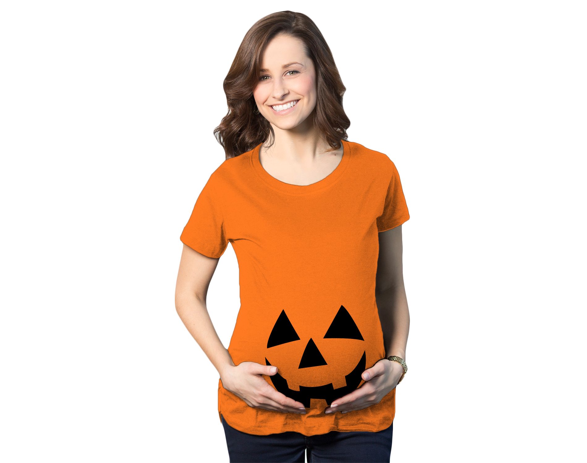 Maternity Happy Jack O Lantern Pregnancy T Shirt Cute Halloween Pumpkin Bump Tee - Crazy Dog Maternity T Shirt For Halloween Season Orange L