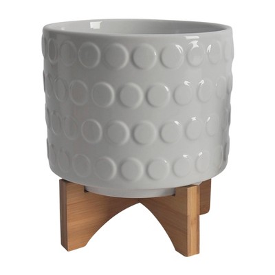 Contemporary White Ceramic Planter Set on Bamboo Stand, 8"x11"
