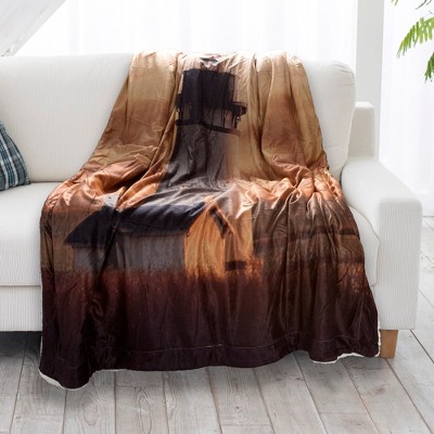 Sunset Lighthouse Print Sherpa Fleece Throw Blanket