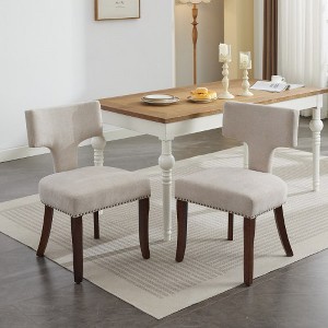 Akoasm Set of 2 Modern Linen Fabric Upholstered Dining Chairs with Curved Backrest and Hardwood Frame For Dining Room & Kitchen-Beige - 1 of 4