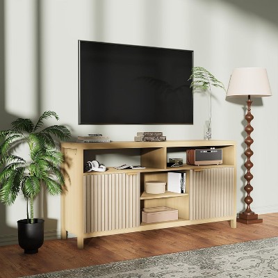 59" Fluted Mid-Century Modern TV Stand with Adjustable Shelves, Entertainment Center with Open Storage for Living Room,Oak