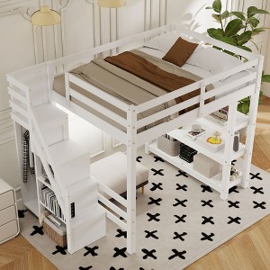 YOOCOZZ Loft Bed with Shelves, Storage Staircase, Small Wardrobe and White LED Light - White - 1 of 4