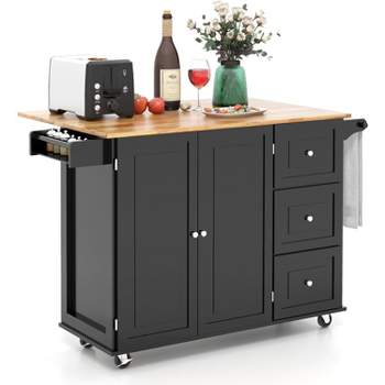 Tangkula Kitchen Island Cart with Drop Leaf Rolling Kitchen Cart on Wheels with Rubber Wood Top 3 Drawers Towel & Spice Rack Black