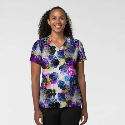 Wink Fashion Prints Women's Fitted 3-Pocket V-Neck Print Scrub Top