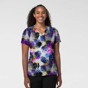 Wink Fashion Prints Women's Fitted 3-Pocket V-Neck Print Scrub Top - 1 of 1