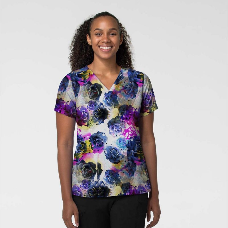 Wink Fashion Prints Women's Fitted 3-Pocket V-Neck Print Scrub Top, 1 of 2