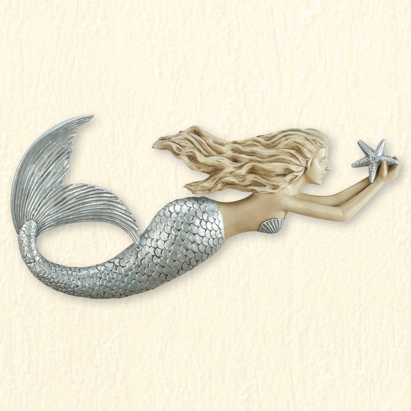 Collections Etc Beach-inspired 3D Resin Mermaid Wall Art 20.25" x 2.13" x 9.75" Silver, 2 of 3