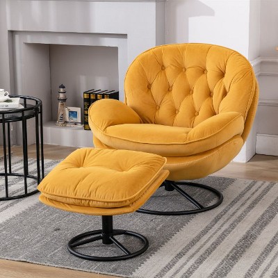 CAVINAS Modern Velvet Accent Chair with Ottoman, Armless Upholstered Lounge Chair with Black Metal Legs for Living Room or Bedroom