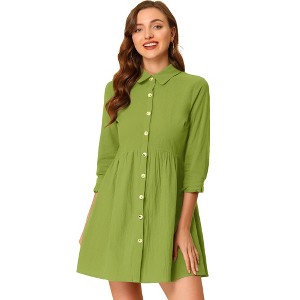 INSPIRE CHIC Women's 3/4 Sleeve Button Front Solid Color Flare Mini Shirt Dress - 1 of 4