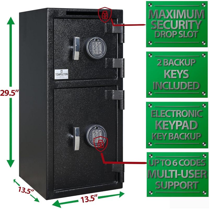 Templeton Safes T859 Large Double Door Depository Drop Safe with Electronic Multi-user Keypad and Key Backups, 4 of 7
