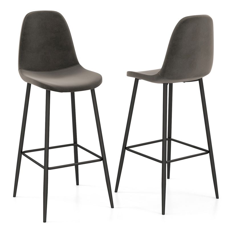 Costway Set of 2 Bar Stools 29.5'' Velvet Upholstered High Back Bar Chairs Kitchen Brown/Grey, 1 of 8