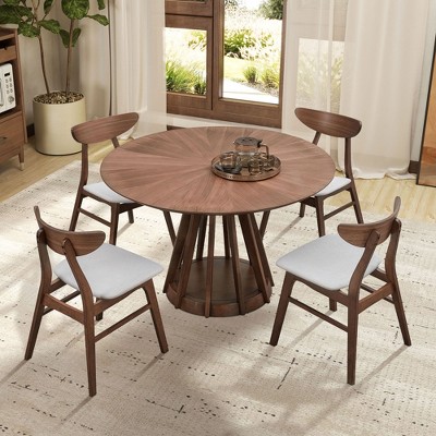 5 PCS Round Dining Table Set Dining Set with 4 Upholstered Dining Chairs&Rubber Wood Table, Walnut/Black-ModernLuxe