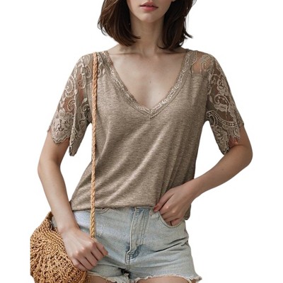 Anna-Kaci Women's Lace T-Shirt V Neck Cotton Summer Casual Tops Tee Shirts- Medium, Khaki