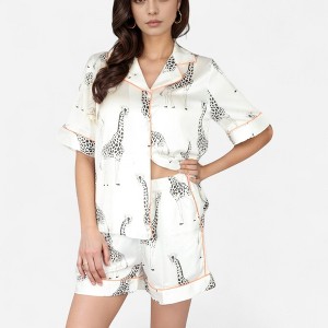 Anna-Kaci Lounge Women's Giraffe Print Pajama Set with Short Sleeve Button-Down Top and Matching Elastic Waist Shorts - 1 of 4