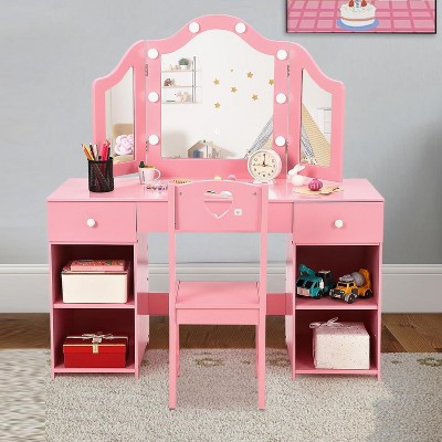 Kids Vanity Table with Touch Light /Detachable Tri-Folding Mirror, Open Storage Shelves, Wood Makeup Playset with Chair