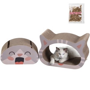 THE LICKER STORE Opal Modern Cardboard Happy Cat Head 2-in-1 Cat Cave Scratcher with Built-In Bell Toys and Catnip - 1 of 4