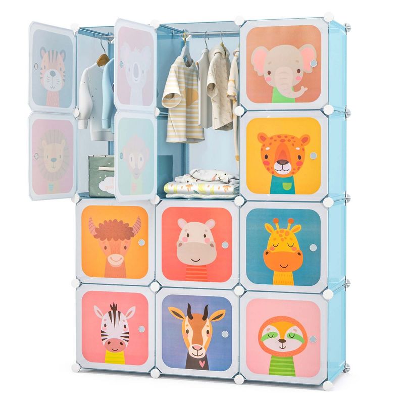 Costway 12-Cube Kids Wardrobe Baby Dresser Bedroom Armoire Clothes Hanging Closet with Door Blue/Pink, 1 of 11
