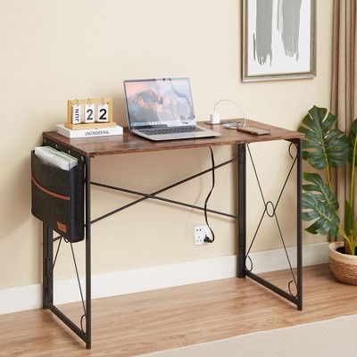 VECELO 39 in. Folding Computer Desk with USB Charging Port, Writing Desk with Storage Bag, Sturdy Steel Laptop Table for Office or Bedroom, Brown