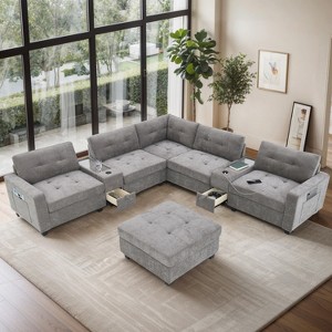 VYNXARIA 104inch Sectional Sofa with Acrylic Table Top,Chenille U Shaped Couch Set with 2 Consoles,USB Charger,Storage Drawers and Pockets,Gray - 1 of 4
