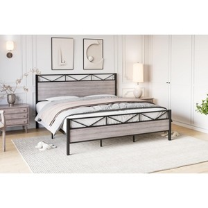 King Size Bed Frame with Headboard, All Metal Platform Bed No Box Spring Needed, 10.8" Under Bed Storage, Light Gray - 1 of 4