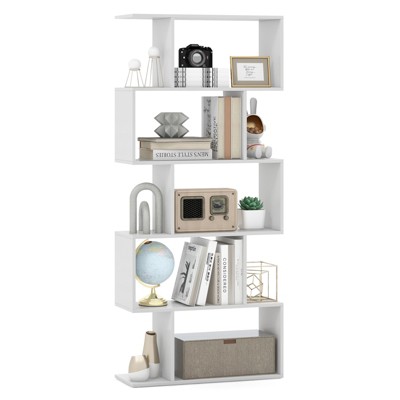 Tangkula 5-Tier Geometric Bookshelf Wooden Decorative Display Shelf w/Large Capacity Freestanding S-shaped Bookcase Black/White/Rustic Brown